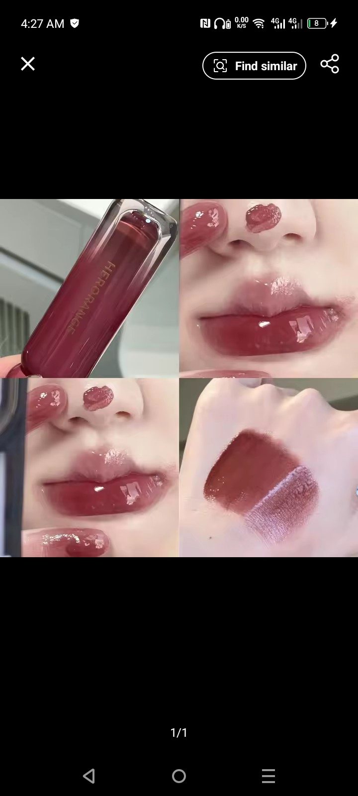 Close-up swatch of a wine-toned lip lacquer
